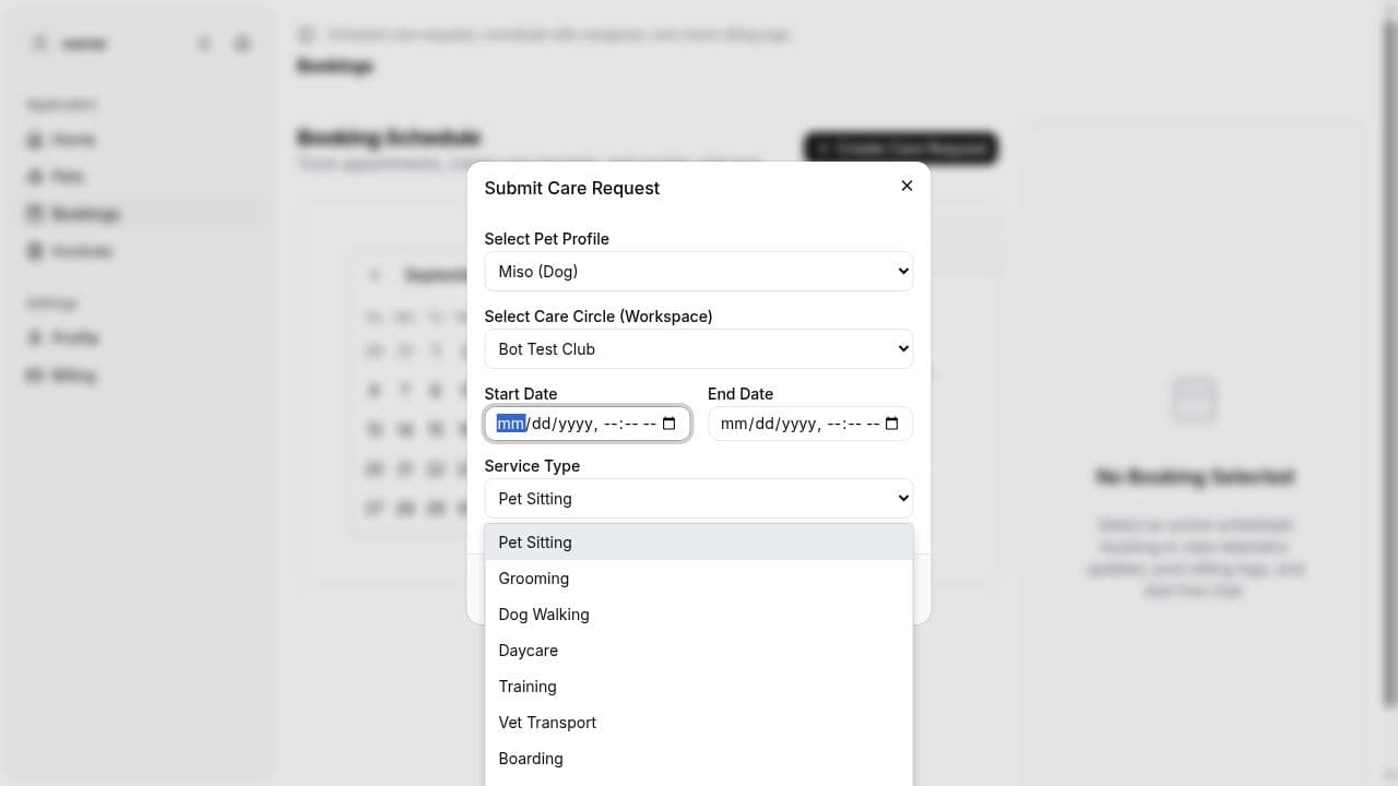 Care request form with pet selection, workspace, dates, and service type options