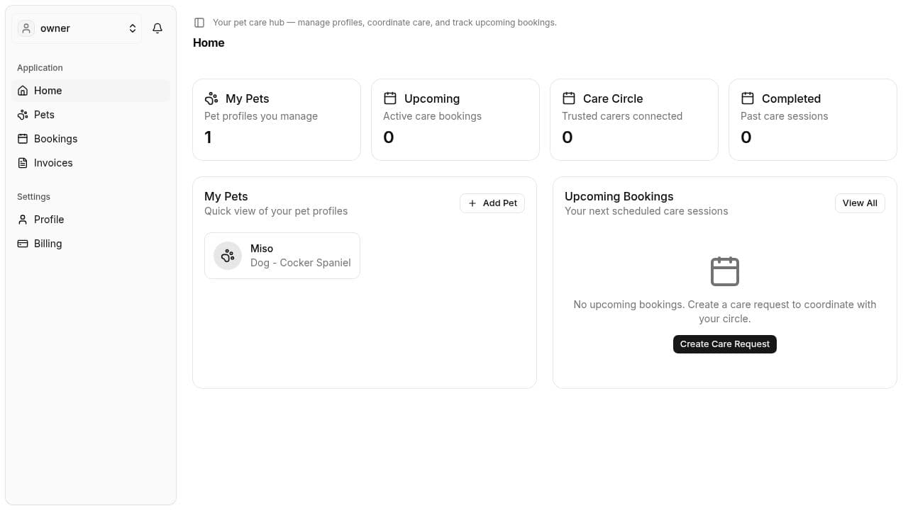 PetAmigo home dashboard showing pet profiles, upcoming bookings and Care Circle stats