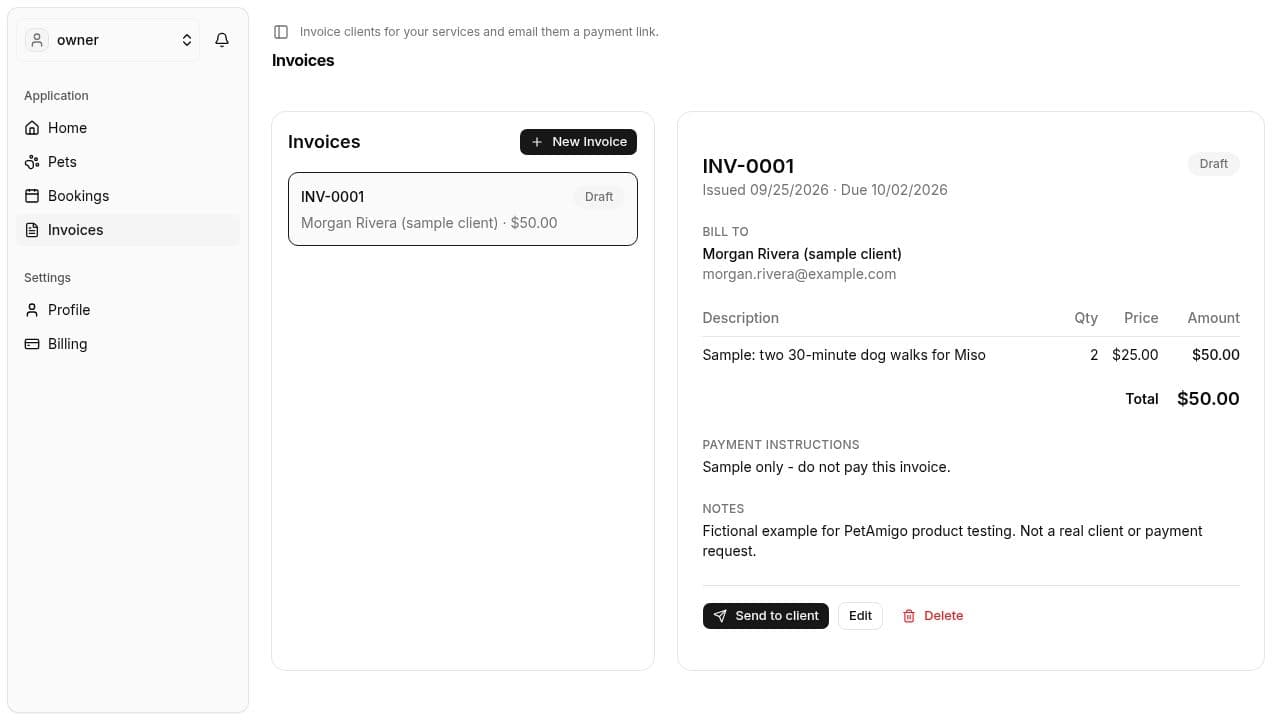 Draft invoice with line items, due date, currency, and payment instructions