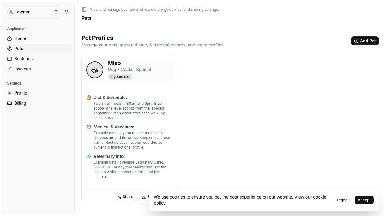 Pet profiles list showing a pet card with share and edit actions
